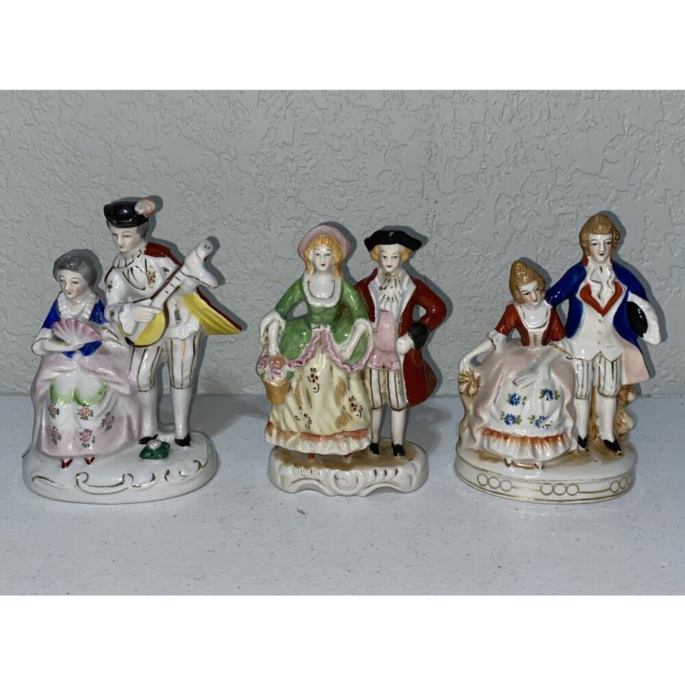 VTG Occupied Japan Colonial Couples Courting Figurine Set Lot 3 Porcelain 5"